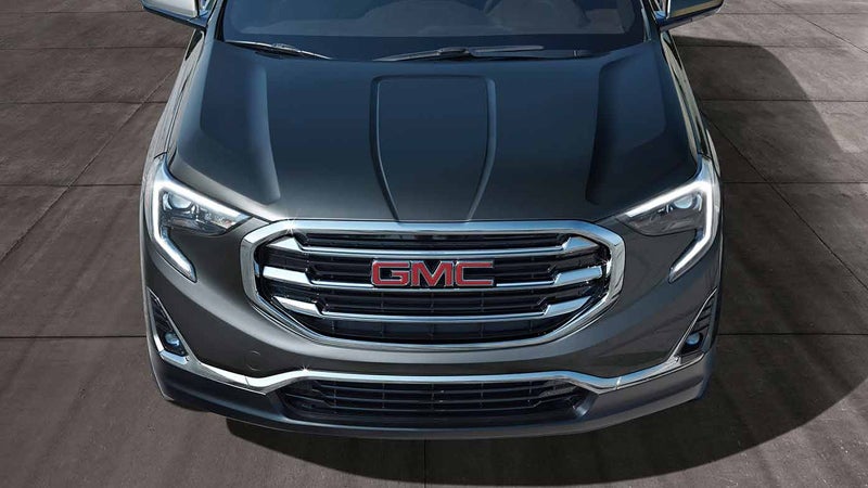 The 2018 GMC Terrain displayed from the front, highlighting its contemporary styling and robust build